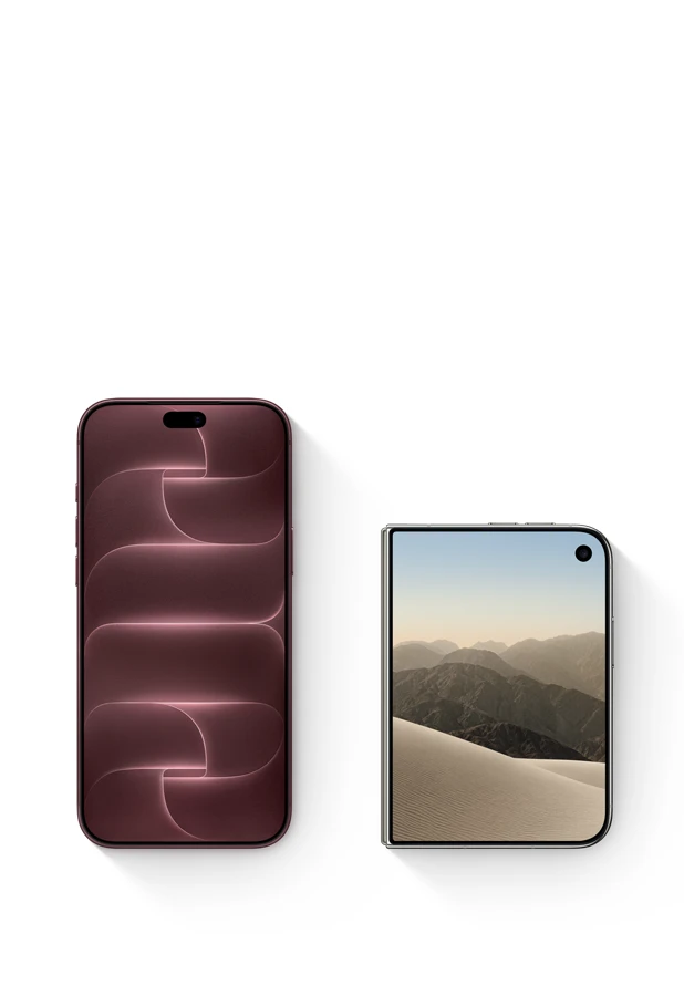 iPhone 18 Pro Max, burgundy color (dark red). iPhone Duo, star white color, folded portrait orientation, front exterior display