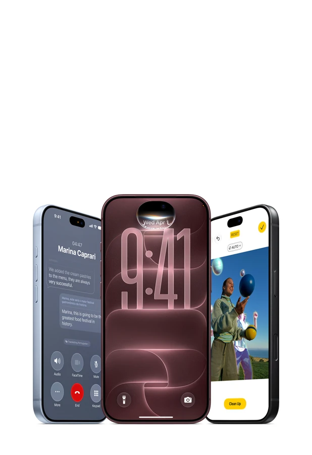 Apple Intelligence and Siri AI features on iPhone: Lock Screen, Siri active in Dynamic Island; Phone app, Live Translation text visible on screen; Photo Clean Up, image displayed, auto selected, object and person highlighted