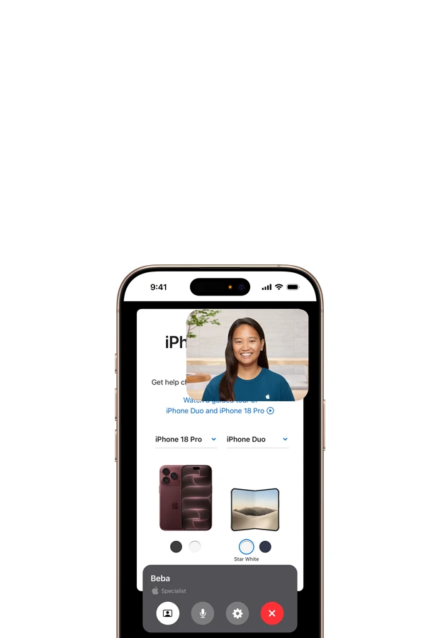 iPhone displaying a live video session with an Apple Specialist and a comparison of iPhone 18 Pro and iPhone Duo