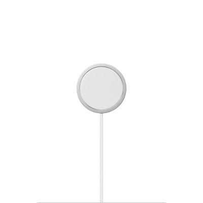 MagSafe Charger, interior charging surface, a white circle surrounded by outer gray ring, embedded white woven cable.