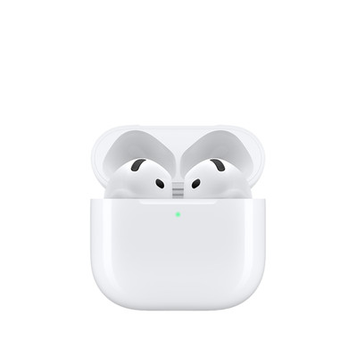 AirPods 5 stored in charging case, white color, rounded edges, external LED power indicator, lid open