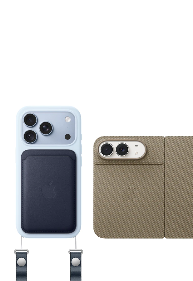 iPhone accessories: FineWoven Wallet in navy color and Crossbody Strap in navy blue color (dark blue) attached to bottom of iPhone 18 Pro Silicone Case in crisp blue color (light blue), iPhone 18 Pro in glacier color (light blue) visible through camera cutout. iPhone Duo Folio with Kickstand in taupe color, unfolded back exterior, kickstand extended, iPhone Duo in star white color visible through camera cutout