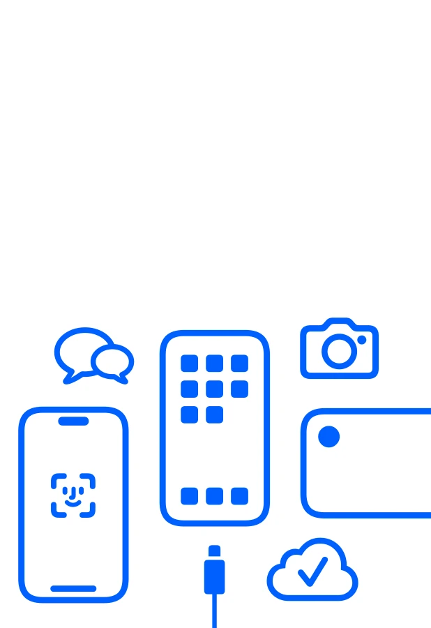 iPhone apps and features, FaceTime, video camera, messaging, iPhone with Face ID, home screen with apps, charging cable, Camera, iPhone camera lens, iCloud